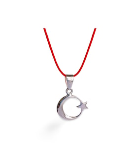 925 Ayar Gümüş Kırmızı İp Bayrak Ay Yıldız Tasarım Kadın Choker Kolye