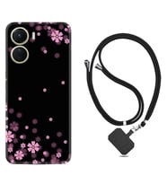 Vivo Y16 Kılıf Resimli Boyun Askılı İpli Desenli Silikon Black flowers 1391