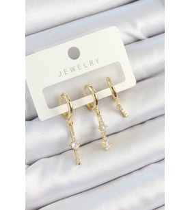 Pirinç Zirkon Taşlı Sallantılı Model Gold Renk 3'lü Çift Kadın Küpe Set - TJ-BKP10815 TG-V 9529