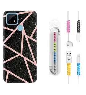 Realme C11 C21 C21Y C25Y C11 2021 Kılıf Kablo Koruma Spiral Silikon Pembe Şeritli Mermer 1312