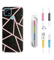 Realme C11 C21 C21Y C25Y C11 2021 Kılıf Kablo Koruma Spiral Silikon Pembe Şeritli Mermer 1312