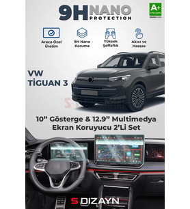 S-Dizayn VW Tiguan 3 10 İnç Gösterge ve 12.9 İnç Multimedya 9H Nano Ekran Koruyucu 2'Li Set (PARLAK) 2024 Üzeri A+ Kalite