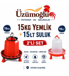 Üzümoğlu 15 Kg Tavuk Yemliği + 15 Litre Tavuk Suluğu 2’li Set Tavuk, Güvercin ve Hindi Yemlik Suluk Seti