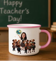 BK Gift Kişiye Özel Öğretmen Karikatürlü Pembe Emaye Kupa Bardak -1, Öğretmene Hediye, Öğretmenler Günü Hediyesi