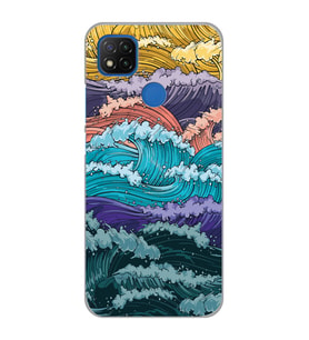 Xiaomi Redmi 9C / 10A Uyumlu Renkli Deniz Dalgaları Tasarımlı Şeffaf Telefon Kılıfı