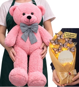 Kişiye Özel Led Işıklı Aynalı Kelebek Buketi ve Pembe Peluş Ayıcık