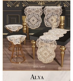 Salon Takımı 5 Parça Dantelli Masa Örtüsü Runner Seti Alya Model No 124 - Altın