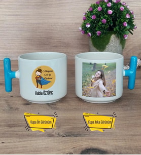 Kadın Öğretmene Hediye Kupa Bardak Fotoğraflı T Mavi Kulplu Öğretmenler Günü Hediyesi