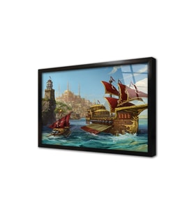 Boğazda Kadırga ve Eski İstanbul Çerçeveli Cam Tablo
