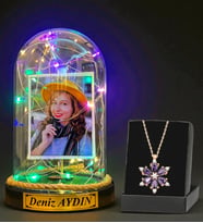 Sizlere Özel Renkli Led Işıklı Fanus ve Gerçek Ametist Taşlı Lotus Kolye