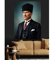 Kalpak Başlıklı Siyah Takım Elbiseli  Atatürk Portresi Dekoratif Kanvas - Mdf Ahşap Tablo