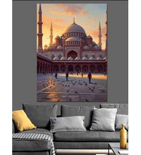 Gün Batımında Tarihi Camii Silüeti Dekoratif Kanvas - Mdf Ahşap Tablo