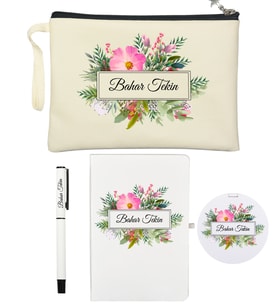 Kişiye Özel Hediye Çanta Ayna Defter ve Roller Kalem Seti