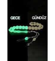 Erkek 7x11mm Yeşil Fosforlu Kedigözü Toz Kehribar Tesbih (Beyaz)