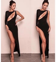 pilelistore Derin Dekolteli Uzun Yırtmaçlı Elbise (Mavi)