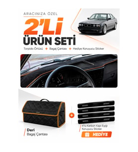 BMW E34 (1988-1996) AİRBAGSİZ Uyumlu Torpido Örtüsü + Deri Bagaj Çantası + Sticker Seti - Siyah Kahverengi