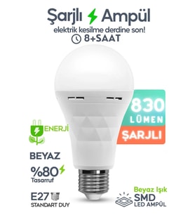 LED Şarjlı Ampül 830 lümen Ultra Acil Durum & Kamp Işığı 220v Beyaz E27 Duy Otomatik %80 Tasarruflu