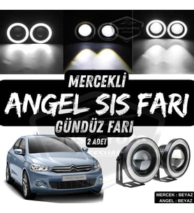 Citroen C Elysee 2012-2023 Uyumlu Mercekli Angel Sis Farı Metal 76 mm Beyaz Halkalı Gündüz Farı 2 Ad