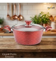 ARZU ÇELİK 24 Cm Granit Derin Tencere Cam Kapak - Kırmızı