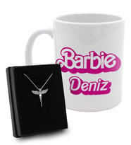 Kişiye Özel Barbie Kupa & Zirkon Taşlı Melek Kolye Hediye Seti