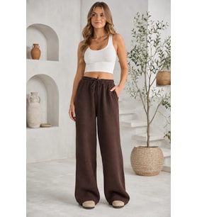 Kadın Bağcıklı Beli Lastikli Müslin Geniş Paça Pantolon - Krem