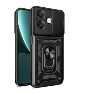 Oppo A3 Uyumlu Kılıf Magnetik Standlı Kamera Korumalı Zore Sürgülü Vega Kapak (Siyah)