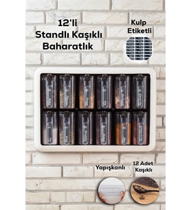 Simple Standlı 12 Li Kendinden Yapışkanlı Kaşıklı Kapaklı Baharatlık Takımı-etiketli Baharatlık-