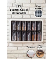 Simple Standlı 12 Li Kendinden Yapışkanlı Kaşıklı Kapaklı Baharatlık Takımı-etiketli Baharatlık-