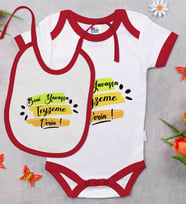 BK Kids Beni Yavaşça Teyzeme Verin Tasarımlı Kırmızı Bebek Body Zıbın ve Mama Önlüğü Hediye Seti-1