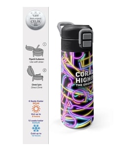 CORAL HIGH 38130 SİYAH RENKLİ NEON DESENLİ PİPETLİ VE DİREKT İÇİM ÇELİK TERMOS 500ML