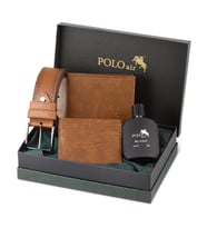 Polo Air Kutulu Erkek Parfüm Kemer Cüzdan Kartlık Set PM-09 (Taba)