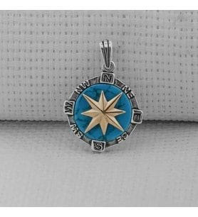 Turkuaz Taşlı Pusula  925 Ayar Gümüş Erkek Kolye