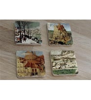 Pieter Brueghel Babil Kulesi ve Eserleri  Doğal Taş Bardak Altlığı 4'lü set - Natural Stone Coasters