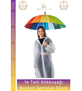 #Şemsiye Otomatik Rüzgara Dayanıklı Fiber Kaliteli Sağlam 16 Telli Gökkuşağı Baston Şemsiye 55cm