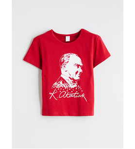 LCW Kids Kırmızı Bisiklet Yaka Atatürk Baskılı Kız Çocuk Tişört