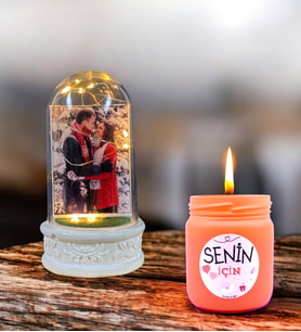 Kişiye Özel Hediye Seti  Fotoğraflı Led Işıklı Fanus ve Kokulu Mum (Turuncu)