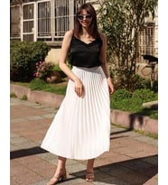 Kadın Etek Uzun Beyaz Uzun Piliseli Beli Lastikli Standart Beden bel (90cm)