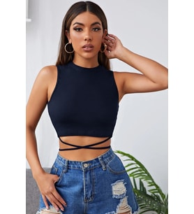 pilelistore Kadın Lacivert Çapraz Bağlamalı Crop Top Büstiyer