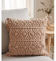 Bohem Makrome Örgü Detaylı Kırlent Kılıfı - Bej Renk Püsküllü Dekoratif Yastık 45x45 cm