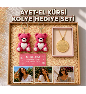 Premium Ürün 14K Altın Kaplamalı Paslanmaz Çelik Ayetel Kürsi Kolye Kişiye Özel Fotoğraflı Hediye Seti