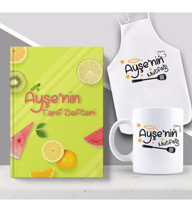 BK Gift Kişiye Özel İsimli Mutfak Önlüğü Kupa ve Yemek Tarif Defteri Hediye Seti-12 (Model 1)
