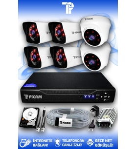 PICAM 6 Kameralı Kare 2 İç Kamera Set 250 GB HDD Full HD Gece Görüşlü Güvenlik Kamerası Sistemi