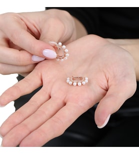 Sıralı İnci Taşlı Rose Renk Yarım Tur 925 Ayar Gümüş Kadın Küpe