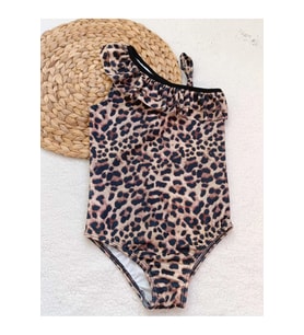 Kız Çocuk Tek Omuz Volan Detaylı Leopar Desen Deniz Havuz Mayo