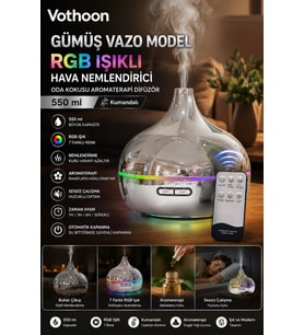 Gümüş Vazo Model RGB Işıklı Hava Nemlendirici & Aromaterapi Difüzör – 550 ml Kumandalı