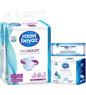 Mavi Beyaz Ped Emici Külot Hasta Bezi L 30 Adet + Yatak Koruyucu 30 Adet + Temizleme Havlusu 1 Pk