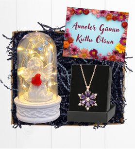 Anneler Günü Hediyesi Led Işıklı Melek Annem Fanus ve Gerçek Ametist Taşlı Lotus Kolye