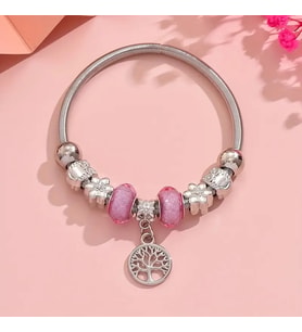 Pandora Tarz , Pembe Hayat Agacı  Sevgi  Temalı Charmlı Bİleklik, Ahşap Kutu içerisinde