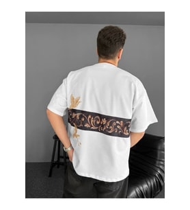 Ön Ve Arka Baskılı Oversize Bisiklet Yaka T-shirt - Beyaz