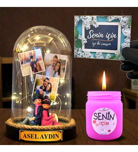 Sizlere Özel Led Işıklı Fanus ve Mis Kokulu Mum Hediye Seti Kişiye Özel Hediye (Model 8)